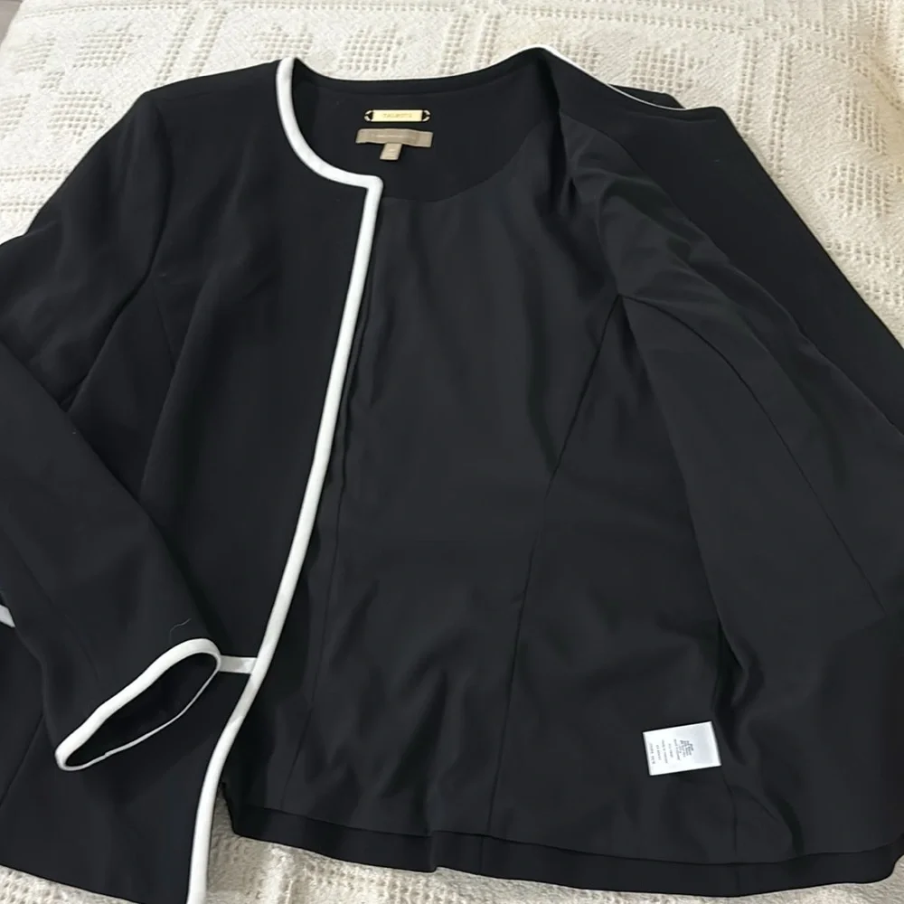 Talbots Black White Trim Open‎ Front Fabric Knit In Italy Blazer Size 14p